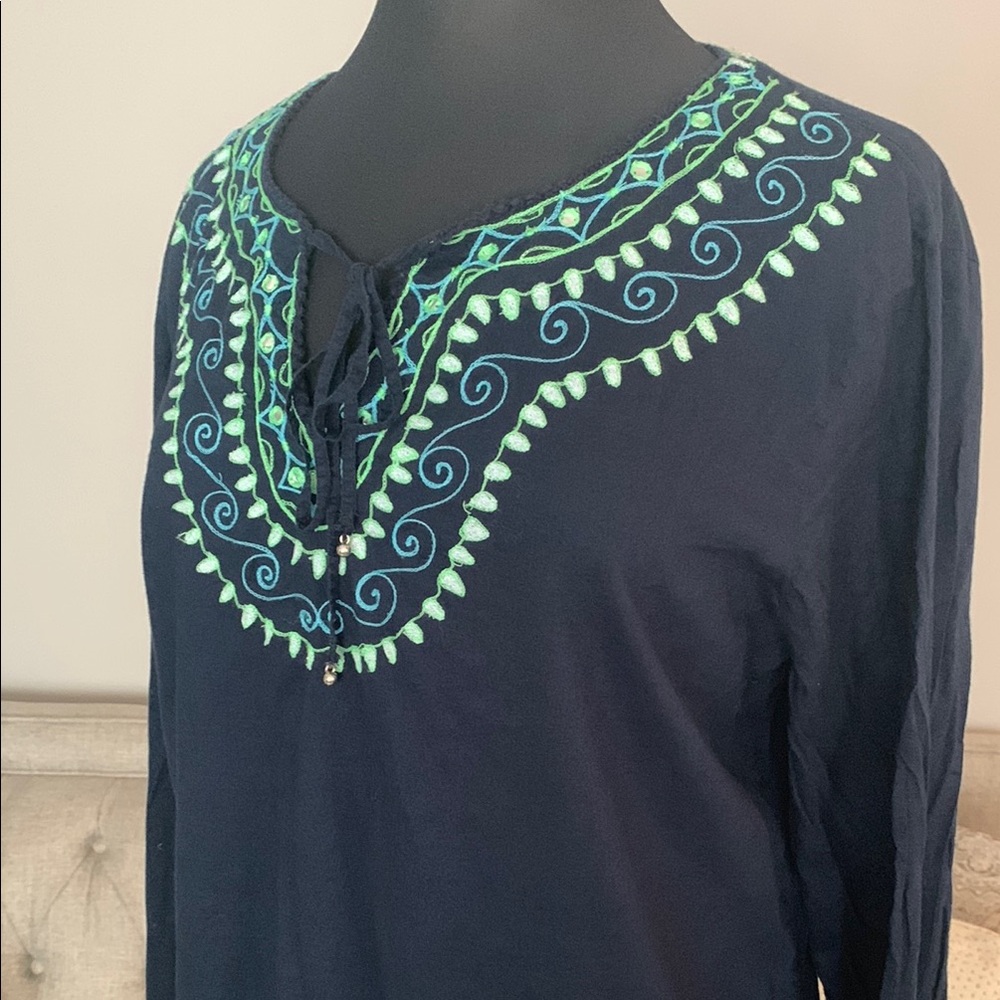 The Gap Embroidered Navy Blue Swim Coverup with Green Blue Accents